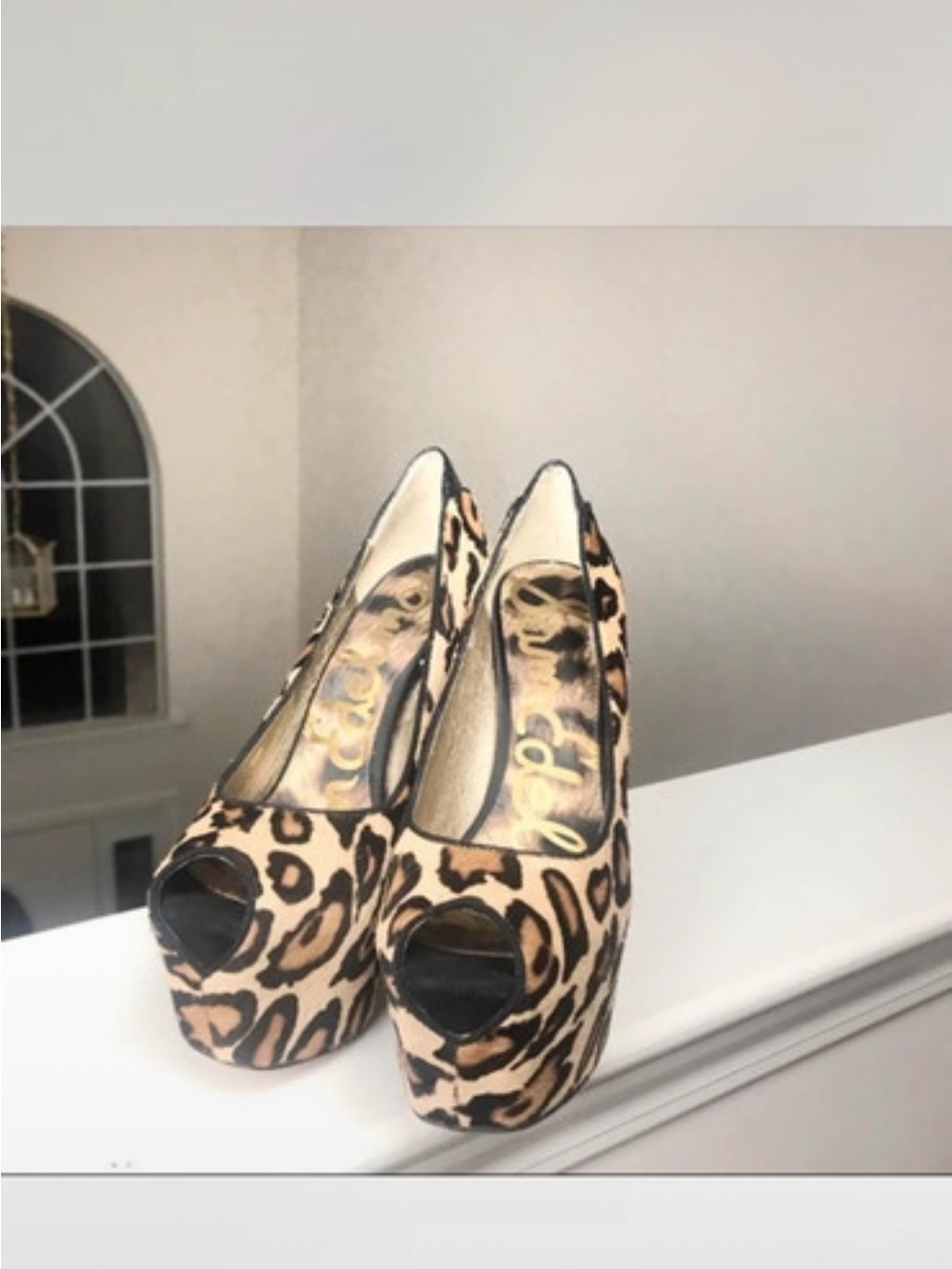 Sam Edelman Leopard Print Peep-Toe Platform Heels - Tan & Black #79B
